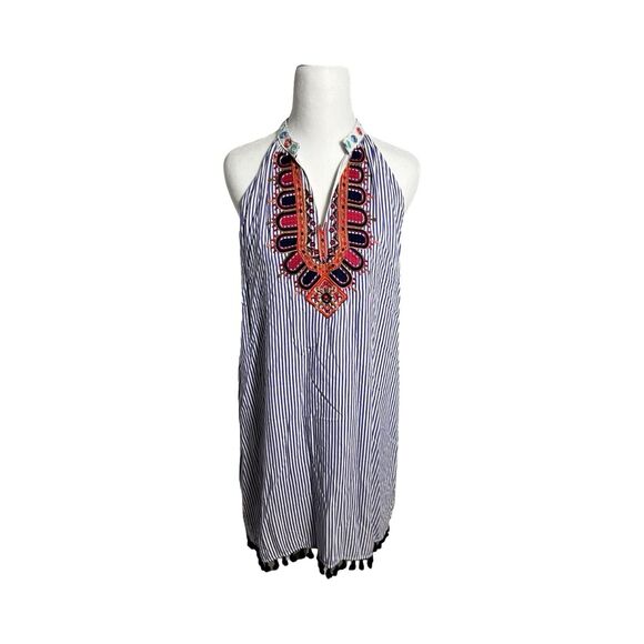 THML Large Embroidered Striped Halter Dress White Blue Pink Purple Summer‎ Beach - Picture 1 of 4